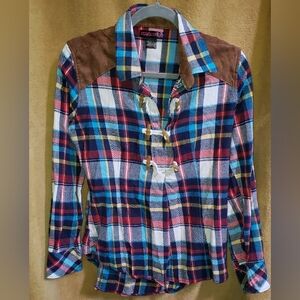 Rock & Roll Cowgirl Kids Plaid Button Down Shirt - Red, Blue, White